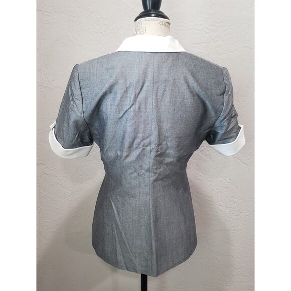 Kasper A S L Petite Gray & White Short Sleeved Hidden Button Up Blazer Shirt - Picture 4 of 10